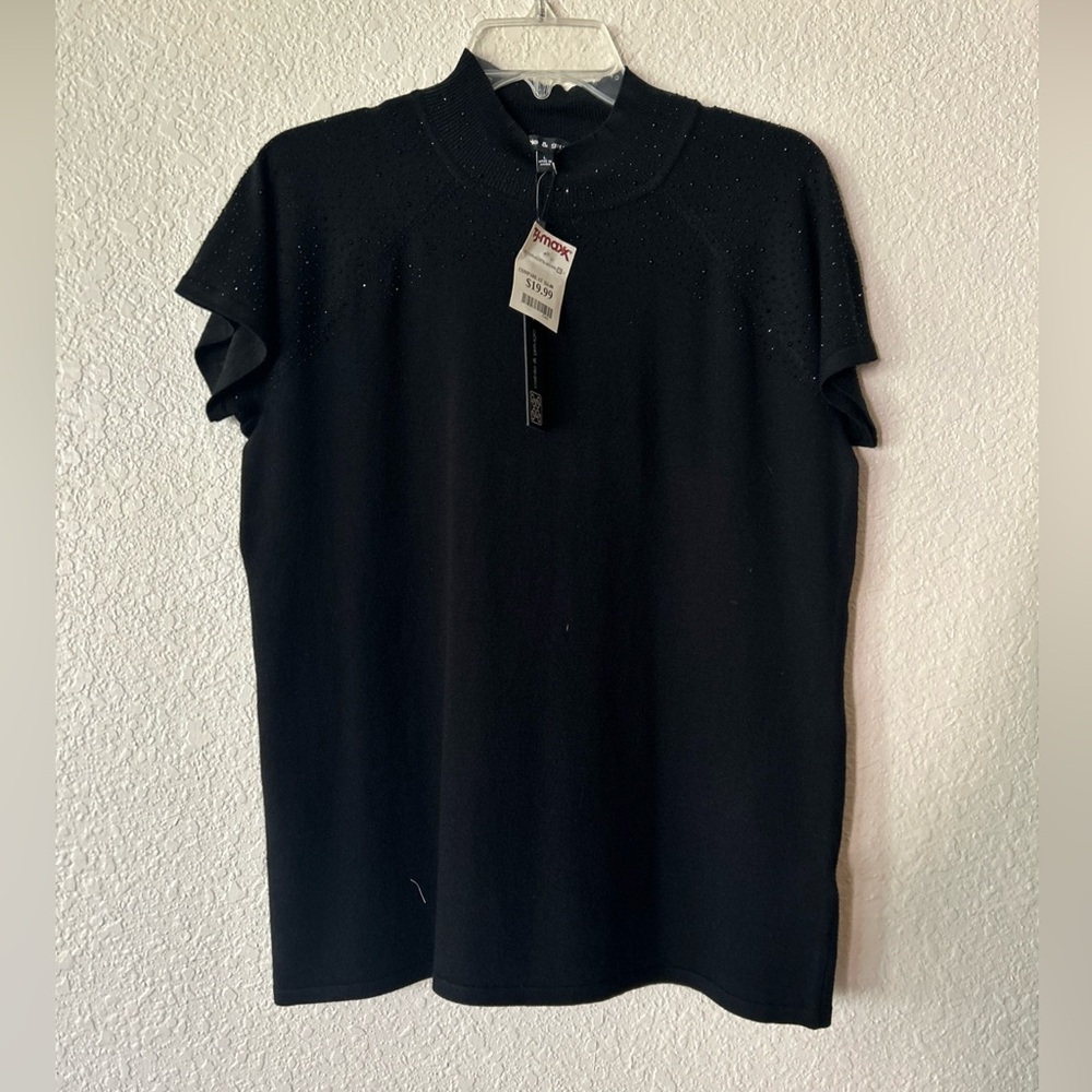 NWT Cable & Gauge Black Short Sleeve Mock Turtleneck Top Size Large